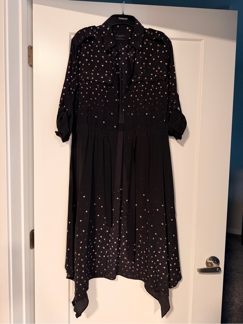 All Saints Milena Estrella Black Dress with Gold Dot Print